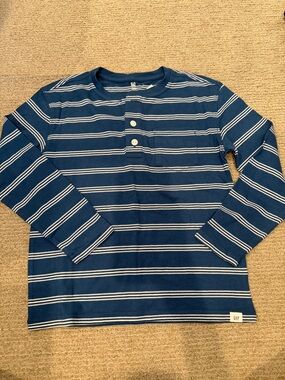GAP Navy and White Striped Long-Sleeve Henley Tee